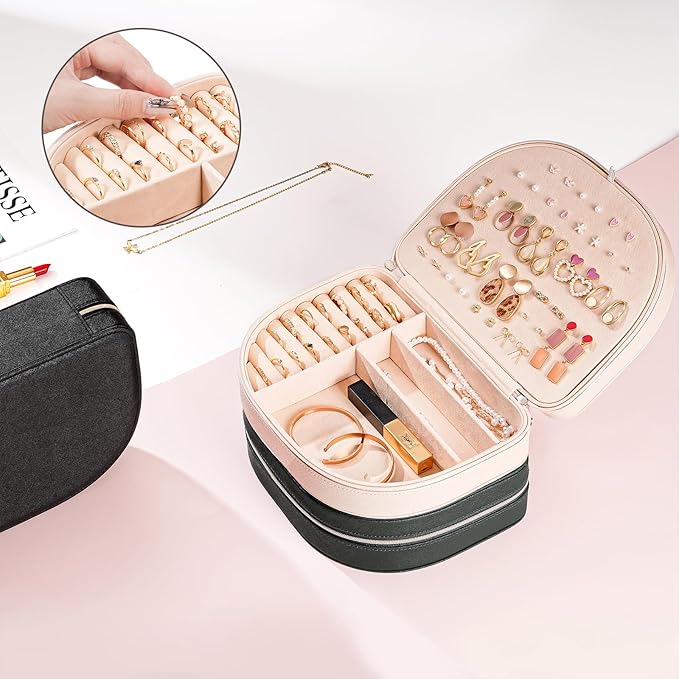 ProCase Travel Size Jewelry Box, Large Portable Seashell-Shaped Jewelry Case, 2 Layer Jewelry Organizer in PU Leather for Women -Champagne