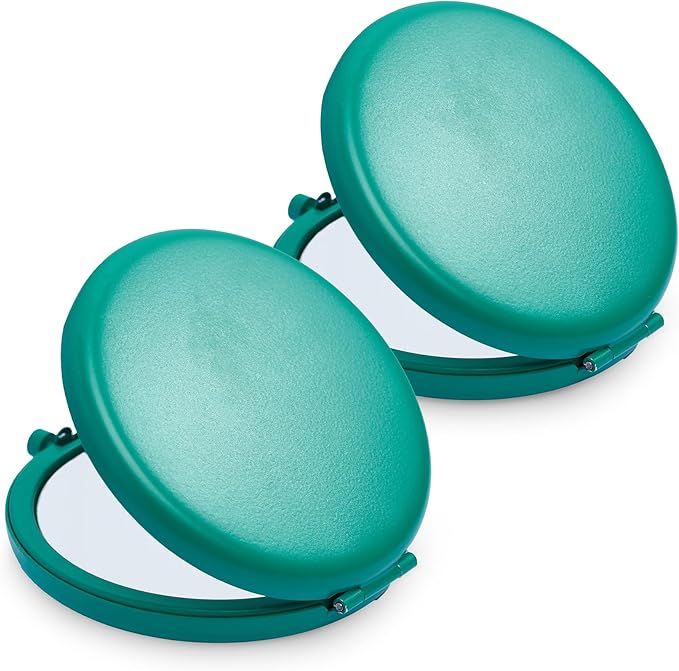 Compact Mirror for Purse, Metal Round Shell, Double-Sided 1X/2X Magnifying, Portable Travel Makeup Mirror, Mini Pocket Mirror, Peacock Green, 2 Packs