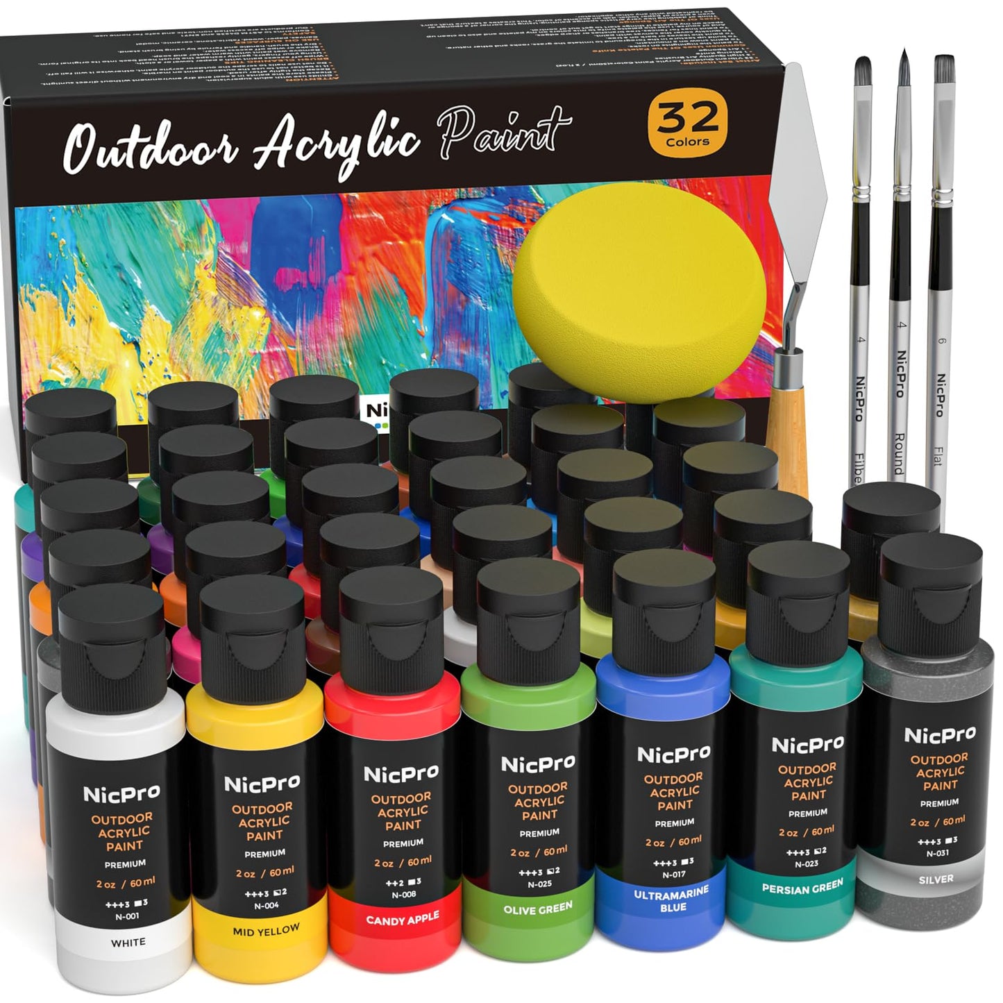 Nicpro 32 Colors Outdoor Acrylic Paint Bulk with Brush and Sponge, Knife, Non-Toxic Paint for Multi-surface Rock, Wood, Fabric, Leather, Crafts, Canvas, Shoes and Wall Painting