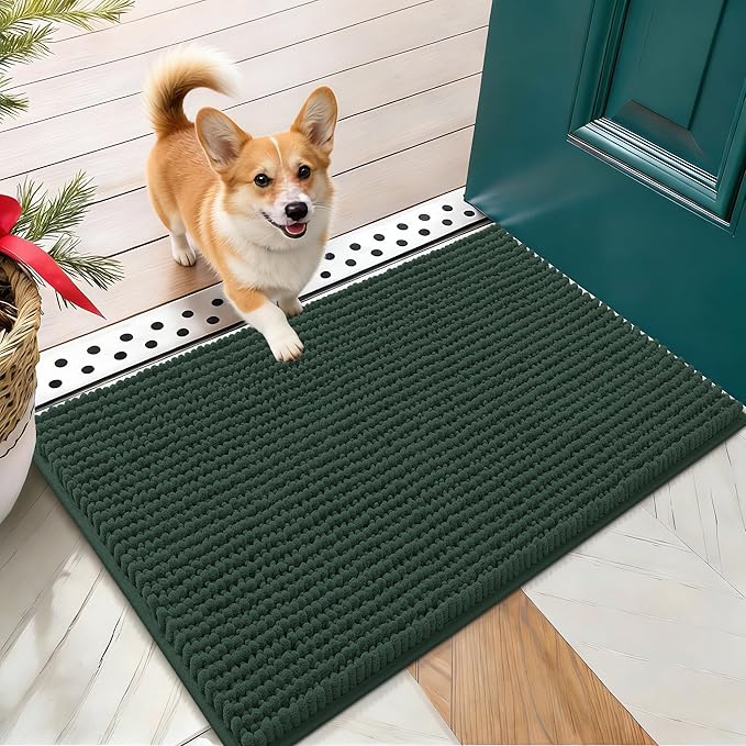 OLANLY Dog Door Mat for Muddy Paws 24x16, Ultra Absorbent Chenille Mud Doormat, Non-Slip Washable and Dirt Trapping Doormat for Indoor Entryway, Quick-Dry Indoor Pet Bed Mats for Dogs, Blackish Green