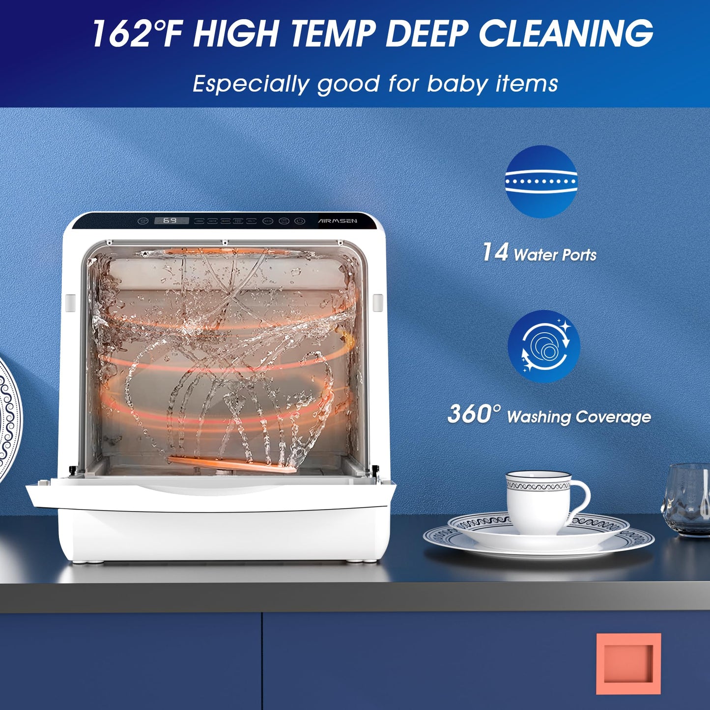 AIRMSEN Portable Countertop Dishwashers, 5 Washing Programs Mini Dishwashers with 1.2 Gal Built-in Water Tank and Double-layered Glass Door, No Hookup Needed for Home, Apartments & RVs