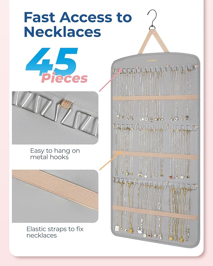 BAGSMART Hanging Jewelry Organizer, Necklace Holder Anti-tangle Earrings Rings Hanger with Pockets Hang on Closet, Wall, Door,1 Piece, Extra Large Grey