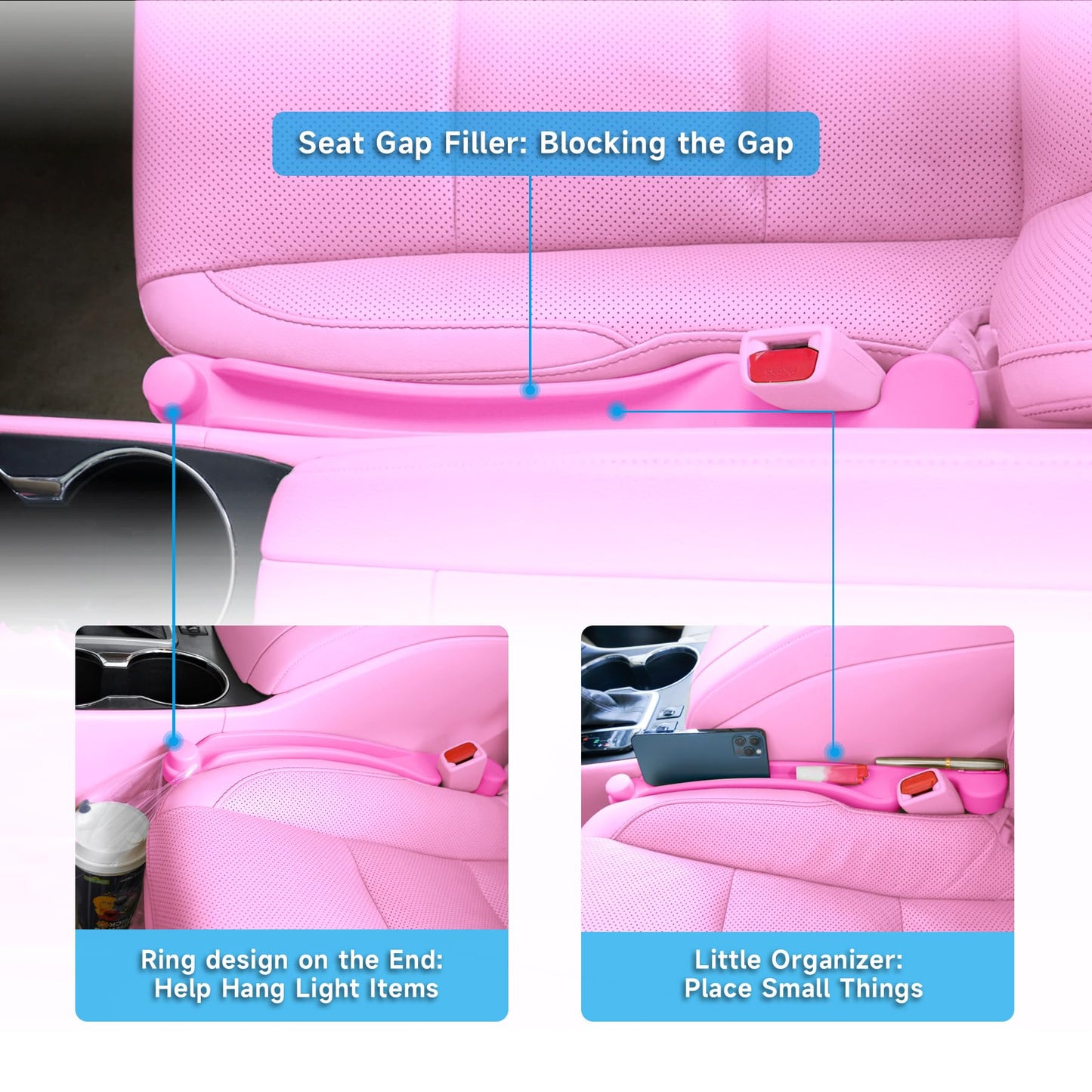 Givifive Car Seat Gap Filler Set of 2, 3IN1 Seat Side Gap Filler Plug with Storage Slot & Hook Function, Soft Foam Universal Fit Car SUV Truck Fill Gap Between Seats Console Organizer (Narrow Pink)