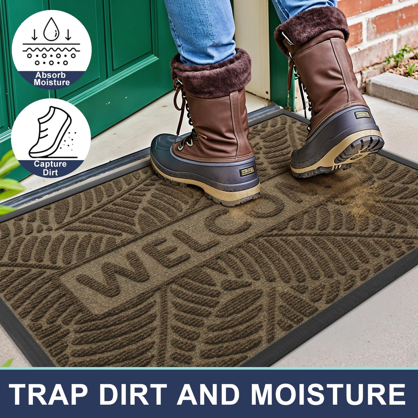 Smiry Welcome Mat Indoor Outdoor, All-Season Waterproof Front Door Mat, Sturdy Natural Rubber Doormat, Non-Slip, Easy Clean, Low Profile Dirt Trapper for Porch Patio Entrance, 59x34, Brown