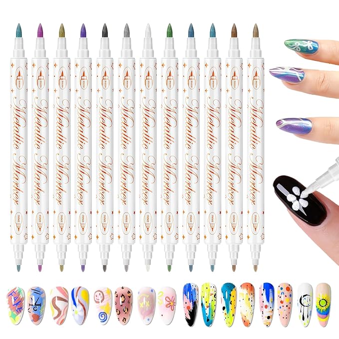12 Color Nail Art Pens for Painting Nails, Double-ended Nail Polish Pens Drawing Point Liner Acrylic Painted Pen Kit, Waterproof Quick-drying for DIY Nails Art Design Manicure Tools