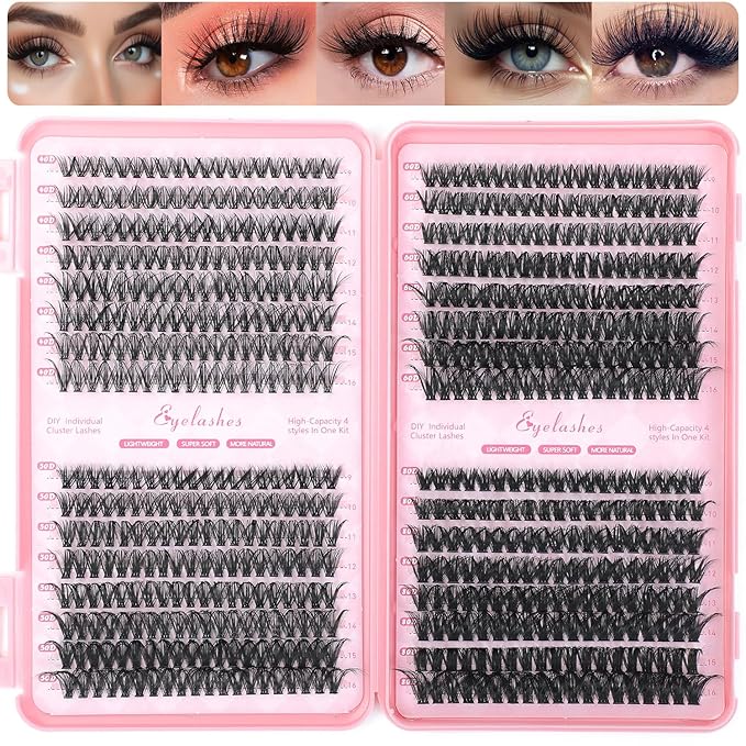Manga Lash Clusters, 640 Pcs Eyelashes Clusters Extensions 9-16mm Individual Lashes D Curl Fluffy Wispy False Eyelashes Thin Band (40D&50D&60D&80D)