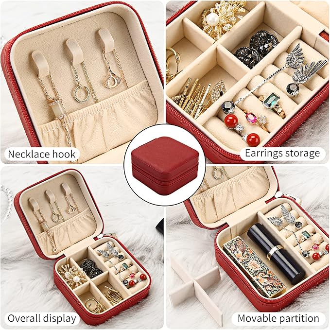 Mini Jewelry Travel Case, Small Travel Jewelry Organizer PU Leather, Portable Display Storage Box for Rings, Earrings, Necklaces (Red)