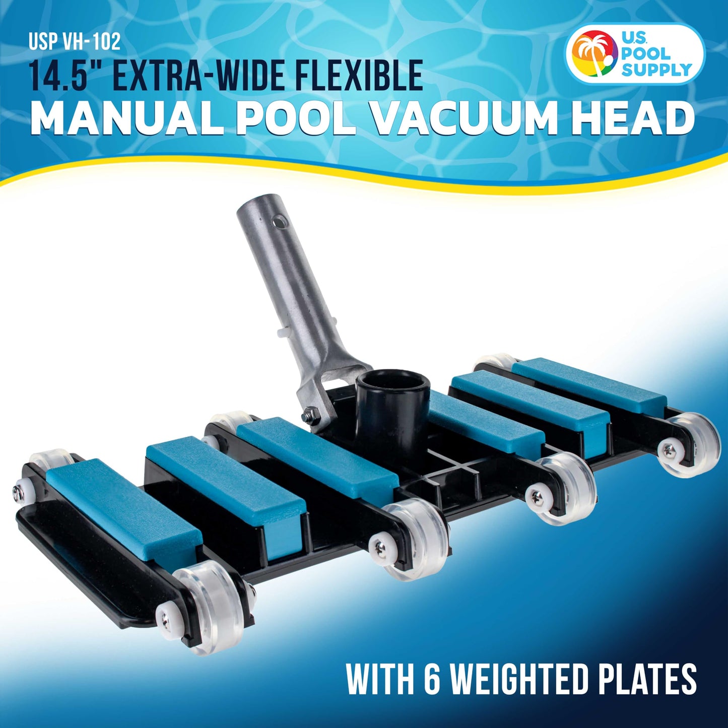 U.S. Pool Supply Manual Pool Vacuum Head for Inground Pools, Flexible, Extra-Wide, Weighted - 6 Weights, Blue, Connect 1.5" Hose, Metal Pole Handle - Swimming Cleaning Accessory Attachment, Vac