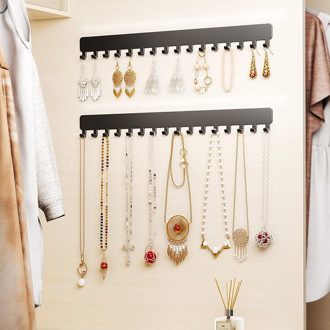 Necklace Holder - Extended Hanging Jewelry Organizer, Self-Adhesive, Wall Mount, 2 Pack, Black