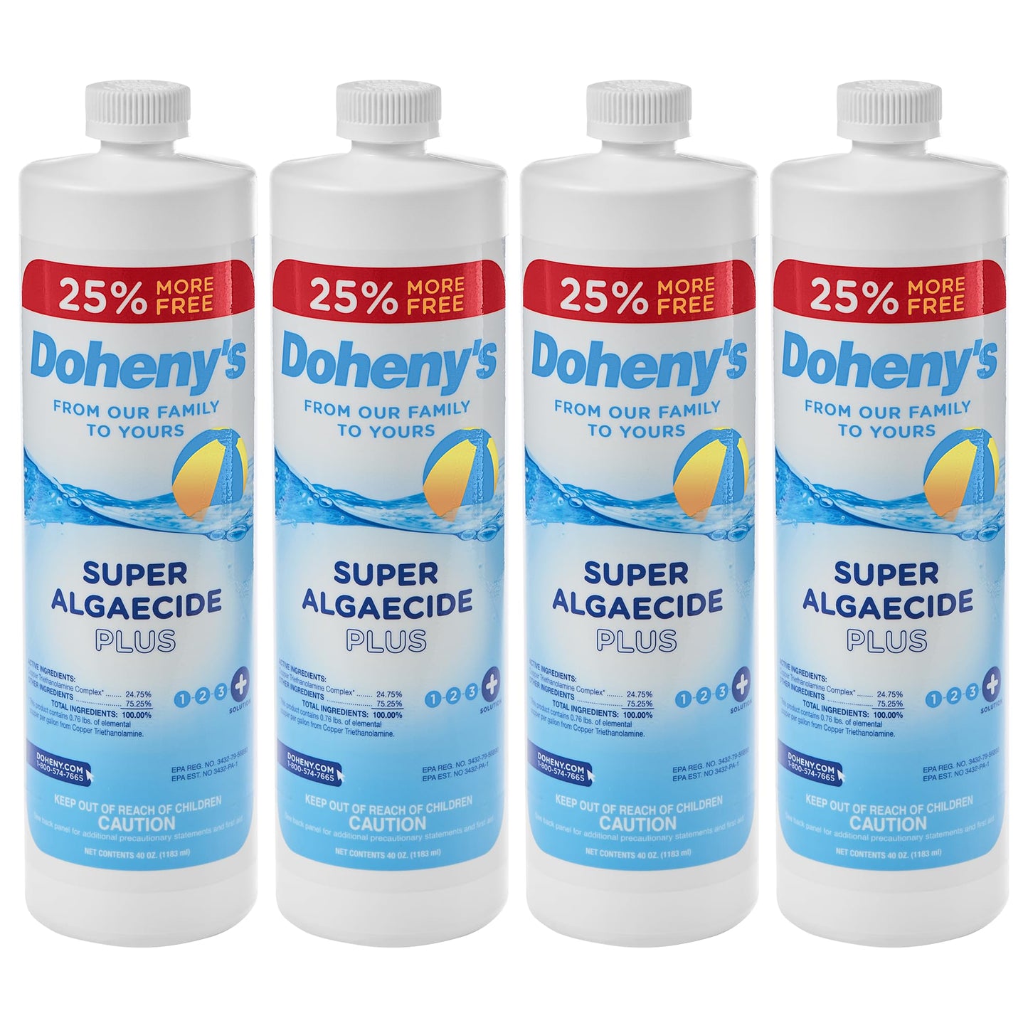 Doheny's Super Algaecide Plus | Pro-Grade | Effective Against Most Algae Types | 7.1% Chelated Copper (Reduces Staining) | Non-Foaming, No Clouding | Safe to Swim After Use | 4 x 40oz Bottles (160oz)