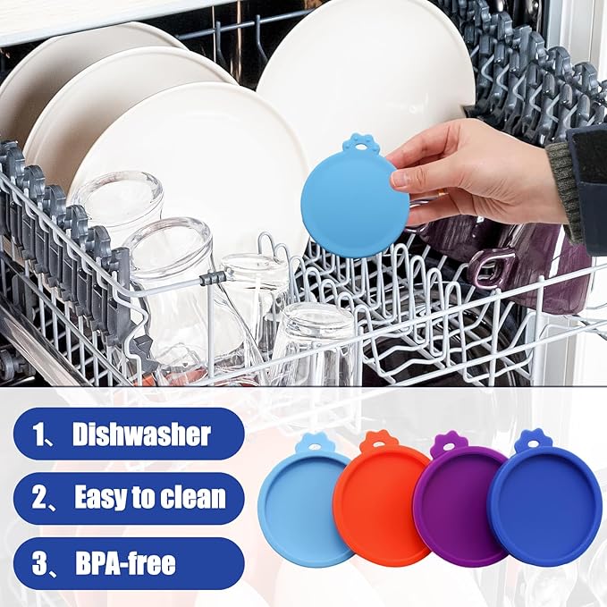 PINE & LINEN 4 Pcs 2.5inch Durable Pet Can Lids,Silicone Small Pet Can Covers Waterproof Cat Food Cans Lids for 3 oz Cat Food Cans(Purple+Blue+Orange+Sky Blue)