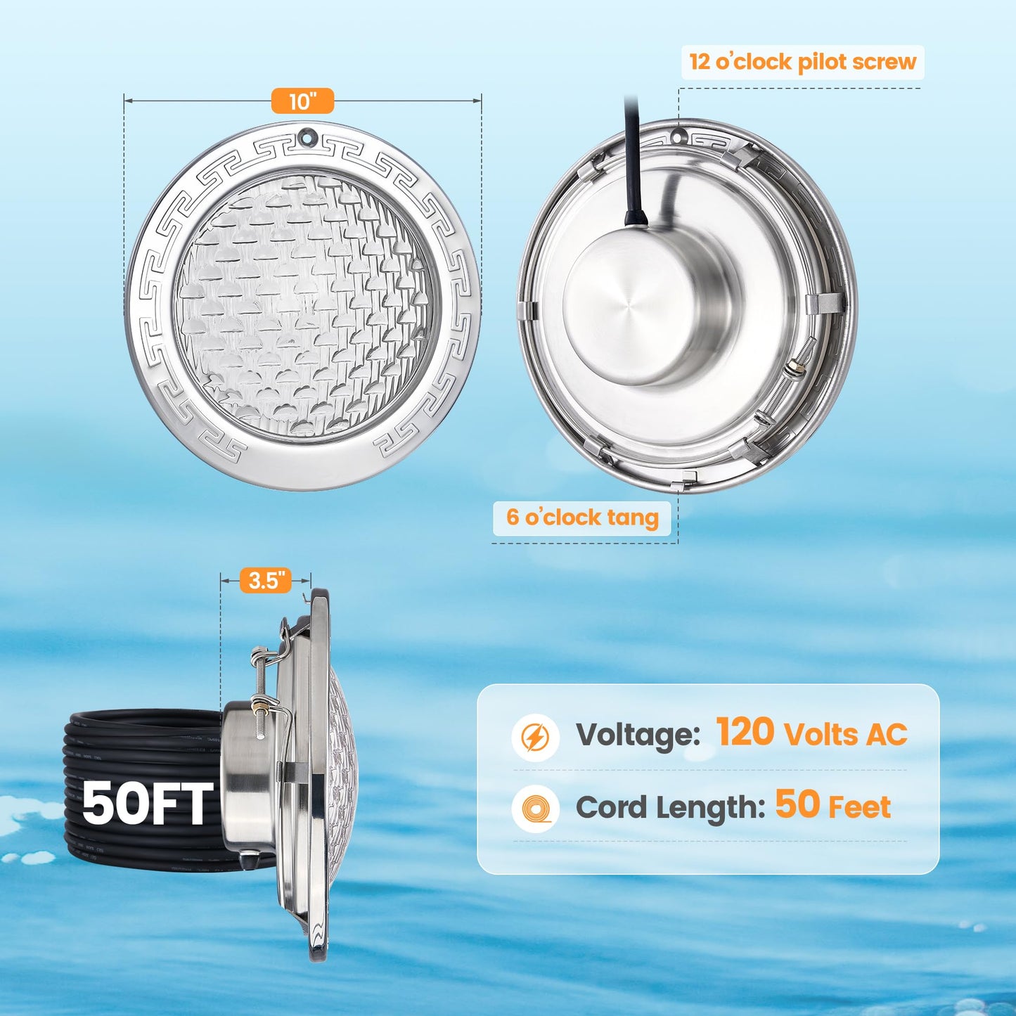SURAIELEC Pool Lights for Inground Pool, 10 Inch 120V LED Underwater Light, 35W (300W Equivalent), 4000LM, Cool White 6000K, Fits 10" Large Wet Niches, Stainless Steel Housing, 50FT Cord