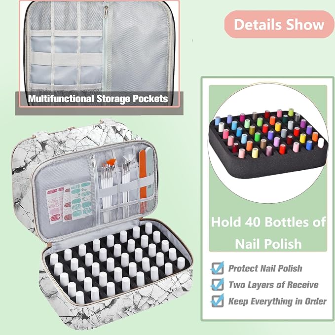 Nail Polish Organizer Hold 40+ Bottles & Nail Lamp, Storage Case Double-Layer Bag with Sturdy Handle (WHITE)
