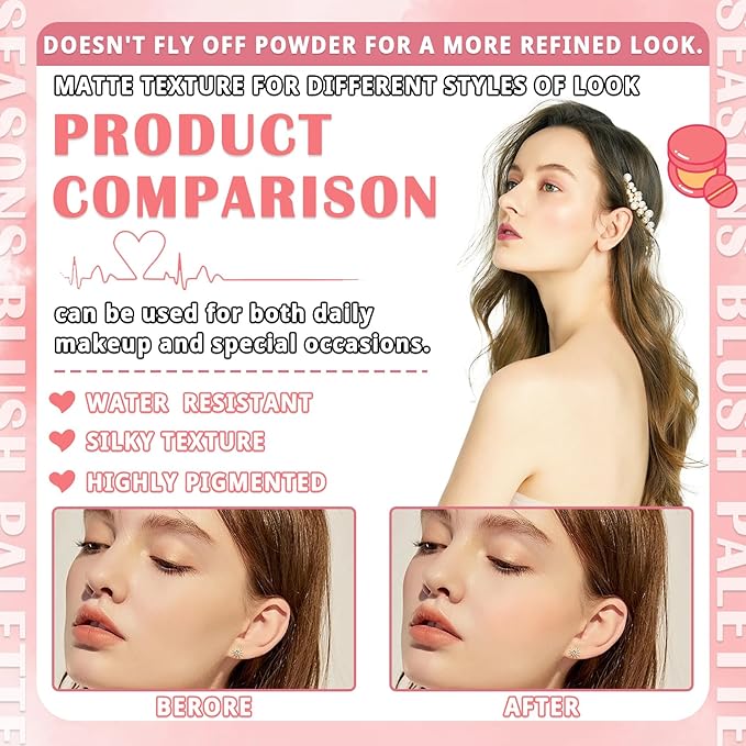 4 Colors Blush Palette for Cheeks - Face Matte Contour Makeup Palette, Buildable Shimmer Facial Cheek Blusher Shades, Blendable Cosmetic With Brush 03