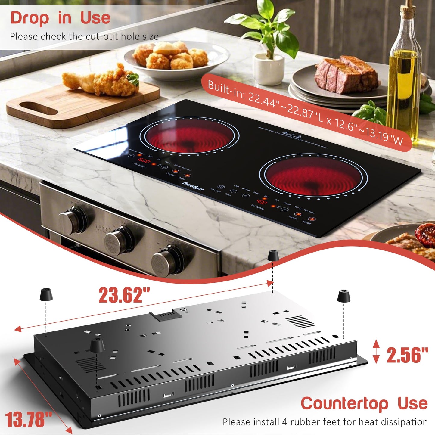 Cooksir 2 Burner Electric Cooktop - 24 Inch(23.6"x 13.8") Built-in & Countertop Electric Stove Top, 120V Double Burner Ceramic Cooktop Portable with Safety Lock, Timer, Touch Control, 110V Plug in