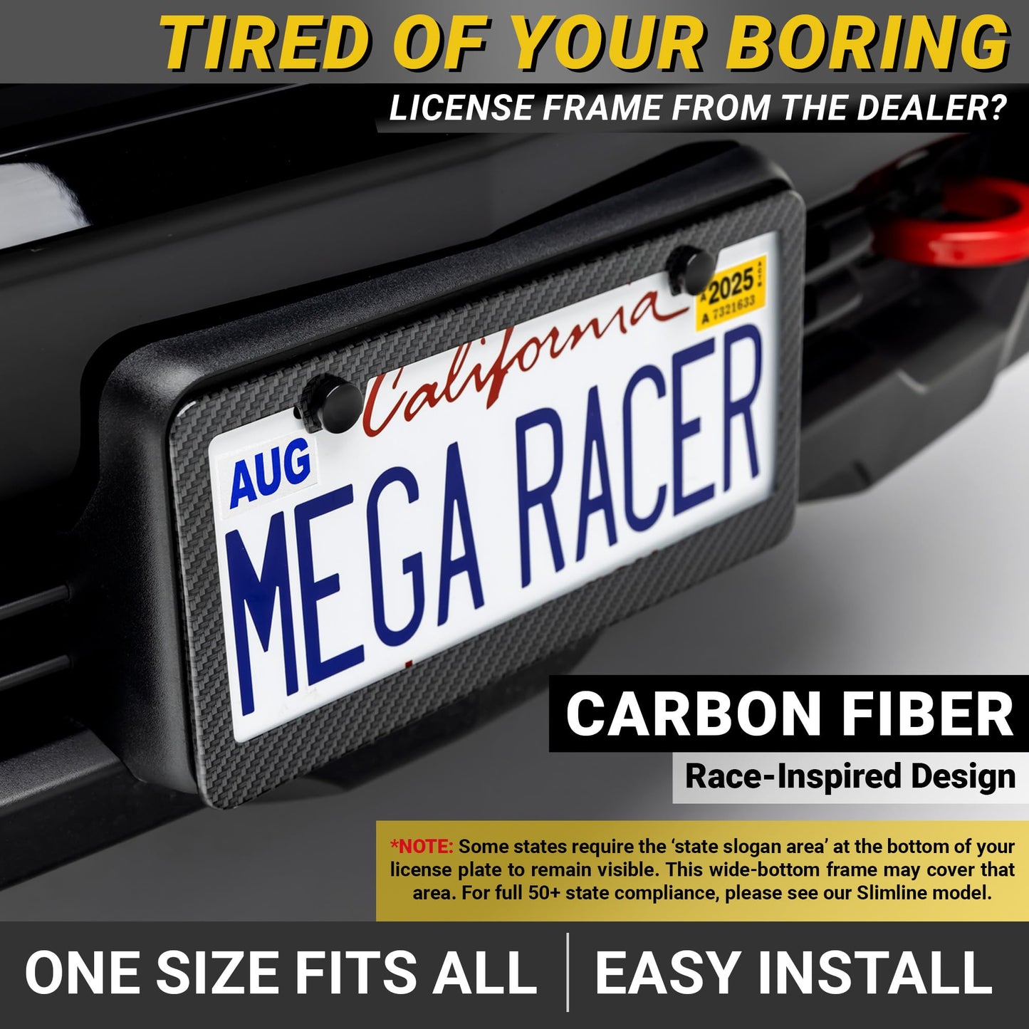 Premium Carbon Fiber Design License Plate Frame – 1 Piece, Rust-Free Stainless Steel, Rattle-Free, Universal with Screw Caps, Slim-Top, Thin Rigid Metal Car Tag Holder, Front Or Rear - Cool for Men