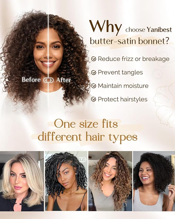 YANIBEST Adjustable Satin Bonnet for Sleeping Women Double Layer Hair Wrap Reduce Friction Prevent Frizz Natural Curly Hair