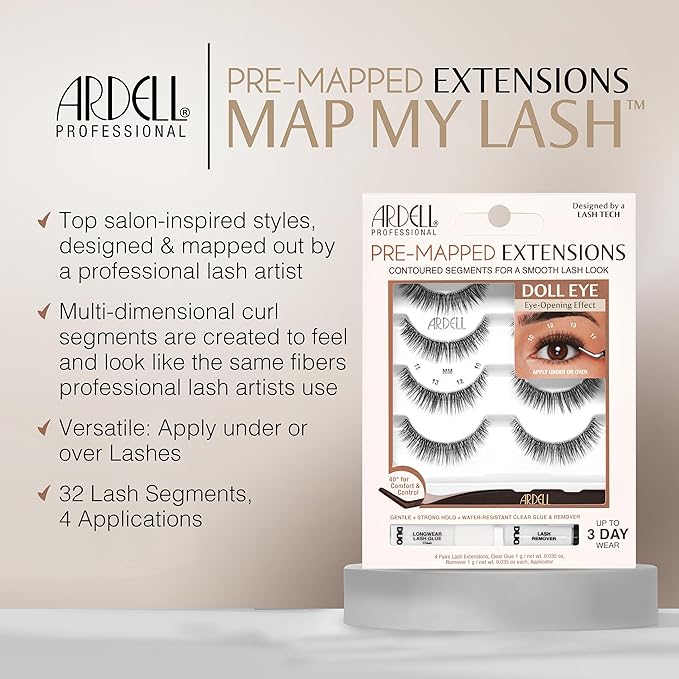 Ardell Pre-Mapped Eyelash Extensions Kit - False Lashes Doll Eye, Reusable Segmented Lash Strips, Long-Lasting with Glue and Remover, 4 Pack