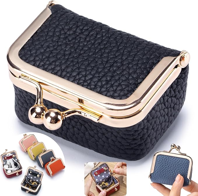 Genuine Leather Mini Jewelry Box - Vintage-Inspired Travel Jewelry Organizer with Kiss Lock, Compact Ring Box for Women, Perfect for Earrings, Rings, Necklaces, Bracelets - Ideal Gift for Her (Black)