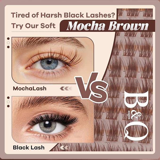 B&Q Brown Lash Clusters Kit Natural Mochalash Clusters 02, Wispy Eyelash Clusters Kit C-Curl Cluster Eyelash Extensions 8-16mm Brown Lash Eyelashes Kit for Fair/Dark Hair(Mochalash 02 Set)