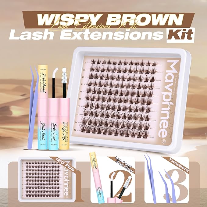 Brown Lash Clutsers Kit Wispy Eyelash Clusters Natural Lashes Extension Kit Dark Brown Individual Eyelashes with Lash Bond and Seal Kit 8-16MM DIY Lash Kit 120 Pcs Cluster Eyelash Extensions Kit