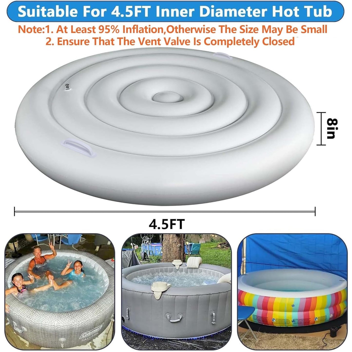 LFUTARI 4.5 Ft Inflatable Hot Tub Cover - Energy Saving Lid for Round Hot Tub - Foldable Protective Rain Overflow Cover for Outdoor Inflatable Hot Tubs