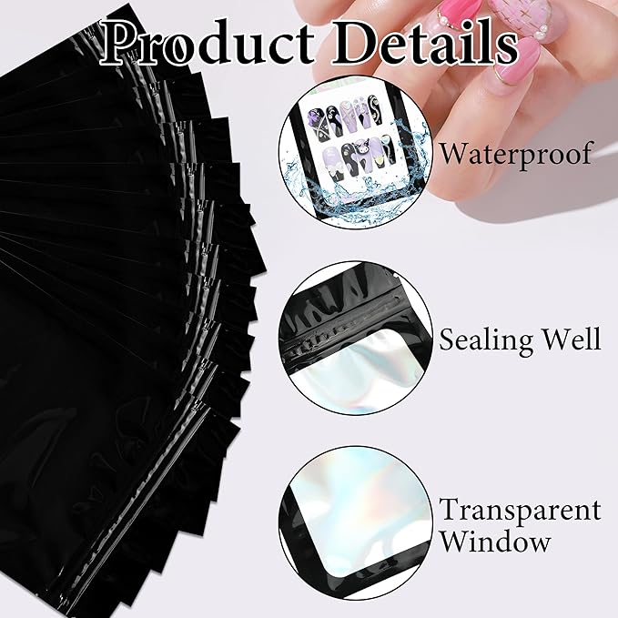 100PCS Empty Solid Black Holographic Nail Storage Bag Press on Nail Packaging Bag and 100PCS Shiny white cardboard Nail Tips Packaging Bags with 1 Roll Transparent Tape