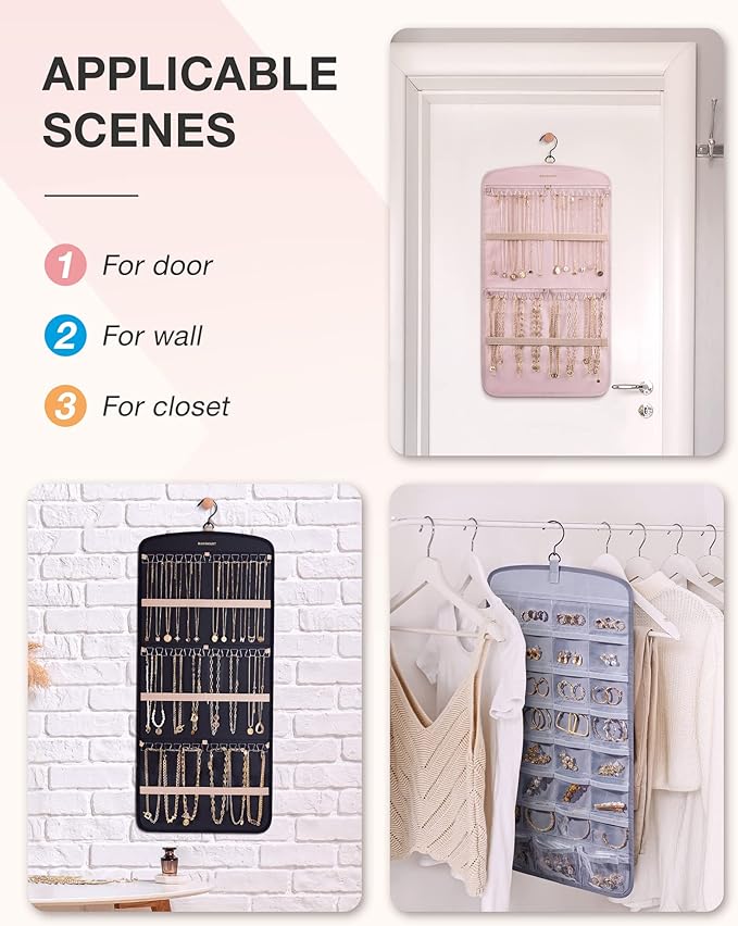 BAGSMART Hanging Jewelry Organizer, Necklace Holder Anti-tangle Earrings Rings Hanger with 20 Jewelry Bags Travel Storage Roll with Pockets Hang on Closet, Wall, Door,1 Piece, Large, Black