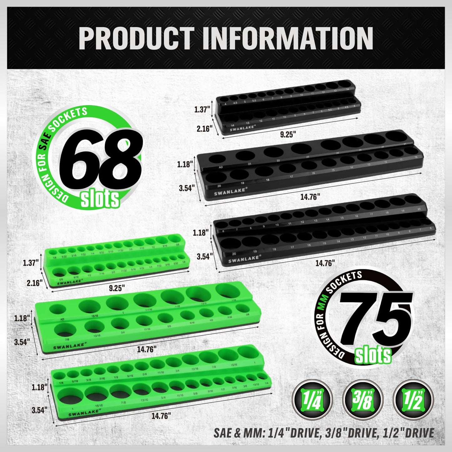 SWANLAKE Magnetic Socket Organizer Set, 1/4", 3/8", 1/2" Sockets Holds 286 Pieces Magnetic Socket Trays (Blue&red&black&green, 12 Pcs)