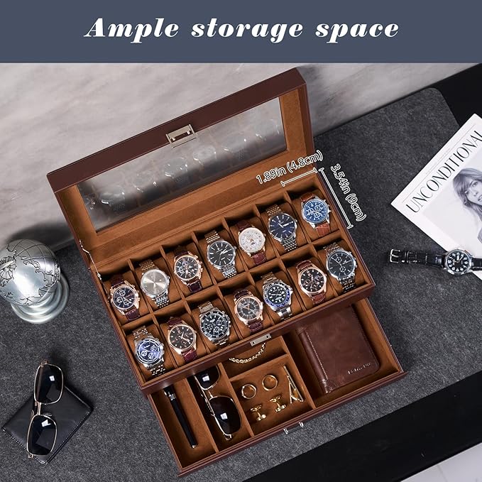 ProCase Watch Box, 14 Slot Mens Watch Case With Drawer, 2-Layer Watch Display Case With Glass Lid, Mens Jewelry Box Storage Holder Organizer, Birthday Valentine Gifts for Men -14Slot, Espresso