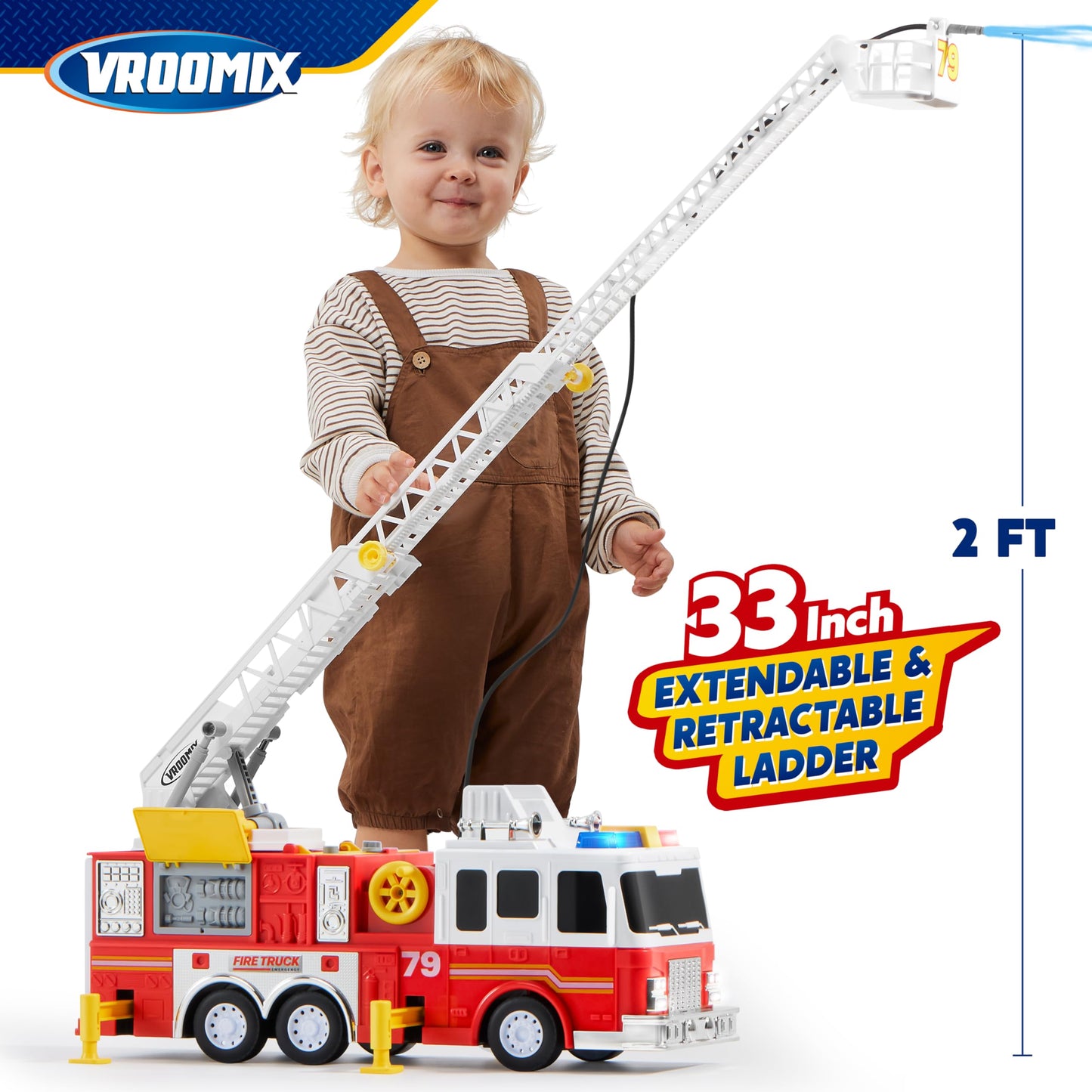 JOYIN Extra Large Toddler Fire Truck Toys for Boys with 33-inch Ladder, Lights & Sprinkler Pump, Big Emergency Vehicle, Kids Toys for Age 3, 4, 5, 6, 7, Christmas Birthday Gift for Grandkids