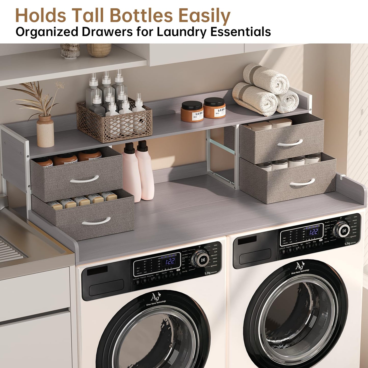 4 Drawers Washer Dryer Countertop with Shelf, 27.5" D x 54" W Laundry Topper with 3.54" High Guardrails and Non-Slip Pads,Extra Storage Organizer for Over Washer and Dryer, Holds 66 Lbs, Light Grey