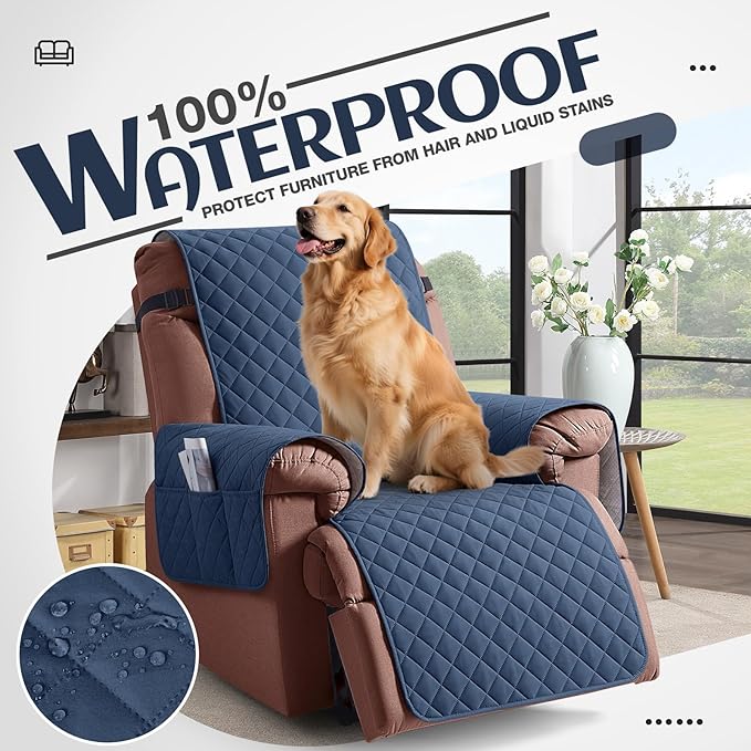 KinCam 100% Waterproof Recliner Chair Cover, Reclining Couch Covers for Pets, Dogs, Recliner Couch Slipcover Furniture Protector with Elastic Straps for Kids(25", Blue)