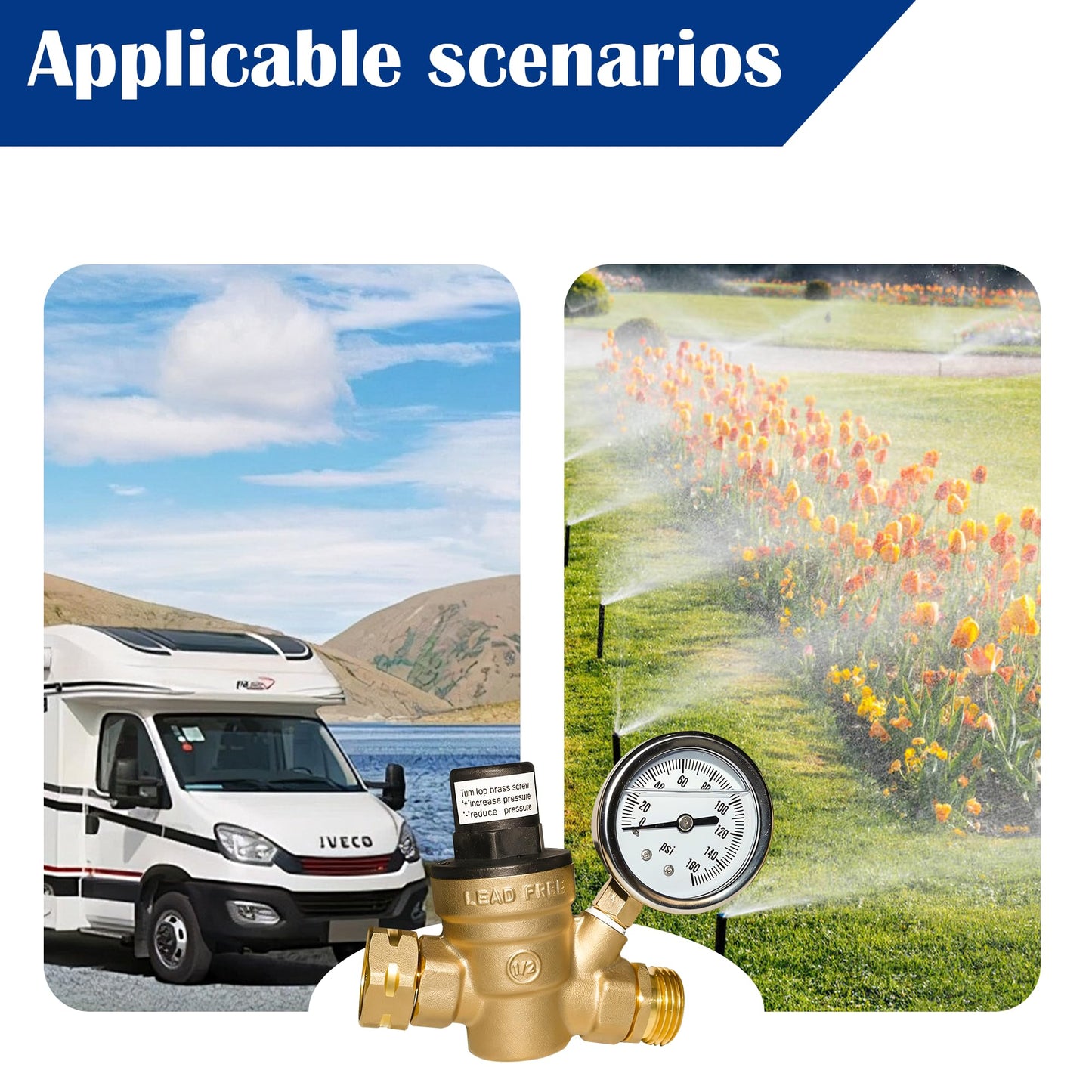 Hourleey Water Pressure Regulator Valve, RV Brass with Gauge and Inlet Screened Filter for Camper Trailer