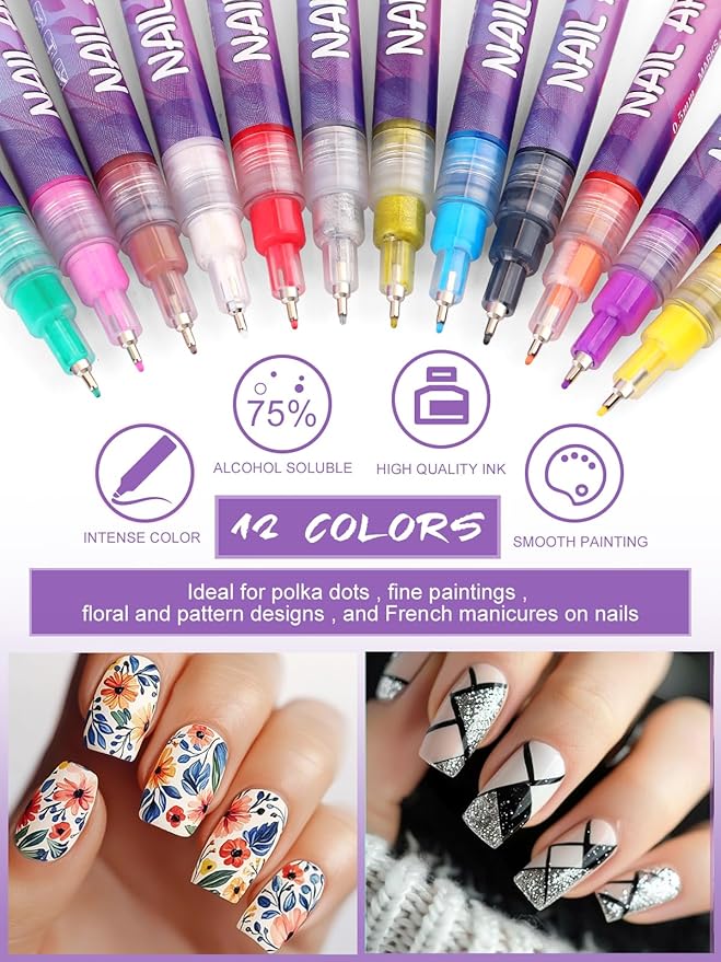 12 Color Acrylic Paint Pen Set, Kalolary Nail Art Polish Pens Nail Point Graffiti Dotting Pen Drawing Painting Liner Brush for DIY Nail Art Beauty Adorn Manicure Tools