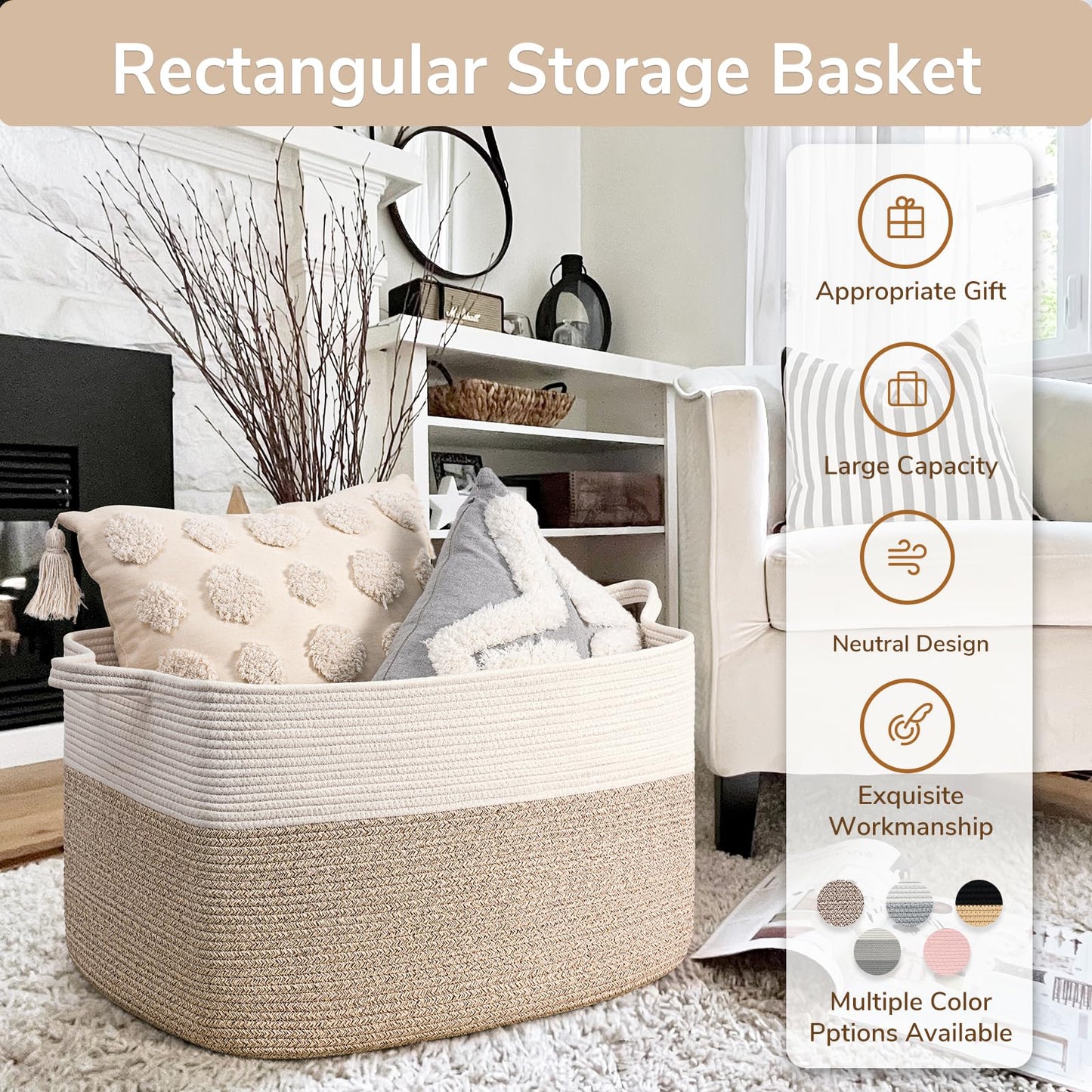 Goodpick Extra Large Woven Blanket Basket, 23.6" x 15.7" x 13.8" Storage Organizer for Blankets, Toys, Dirty Clothes, Rectangle Cotton Rope Basket for Living Room, Nursery, Bedroom