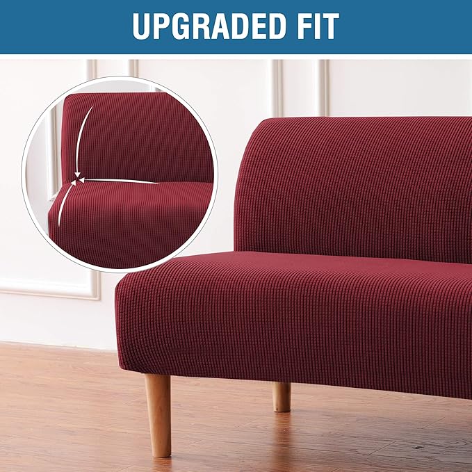 H.VERSAILTEX Armless Futon Cover Stretch Sofa Bed Slipcover Protector Elastic Feature Rich Textured High Spandex Small Checks Jacquard Fabric Futon Cover, Machine Washable, Burgundy Red