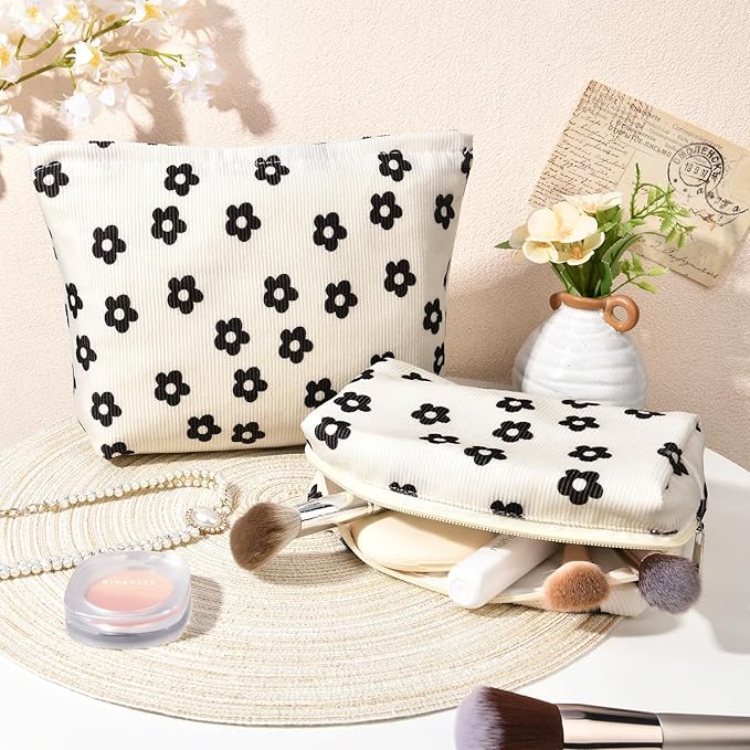 SOIDRAM 2 Pcs Makeup Bag Large Cosmetic Bag Toiletry Bag Makeup Pouch Travel Bag Organizer Cute Makeup Brushes Aesthetic Accessories Storage Bag for Women Black Floral Corduroy