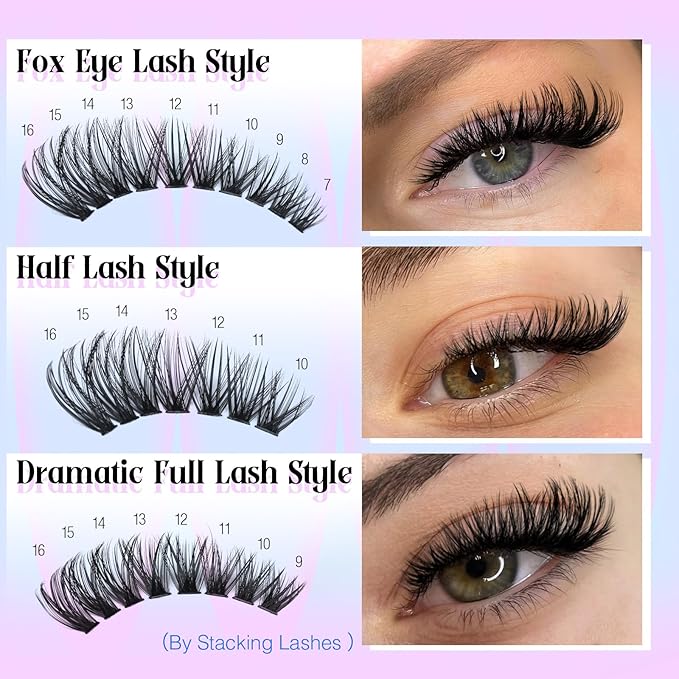 Yawamica Lash Extension Kit 50D 80D Cat Eye Lashes Clusters Kit 7-16mm Wispy Cluster Eyelash Extensions Kit D Curly Eyelash Clusters 240pcs Individual Lashes with Bond and Seal Lash Tweezers DIY Lash
