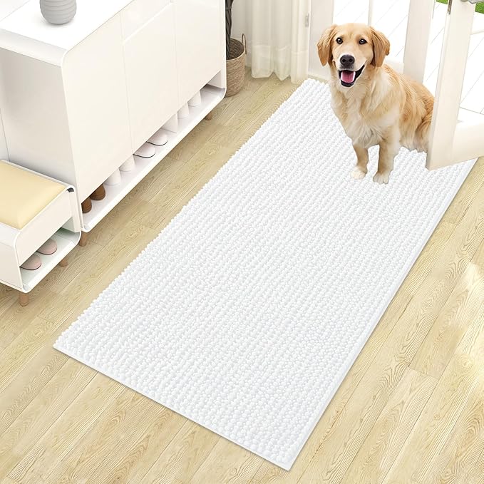 OLANLY Dog Door Mat for Muddy Paws 44x24, Ultra Absorbent Chenille Mud Doormat, Non-Slip Washable and Dirt Trapping Doormat for Indoor Entryway, Quick-Dry Indoor Pet Bed Mats for Dogs, White