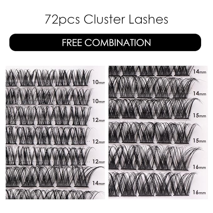 Cluster Lashes 72 Individual Lashes Clusters Eyelash Extensions False Eyelashes DIY Lash Extension Kit Reusable False Eyelashes Natural Look Mix 10-16mm-DM01