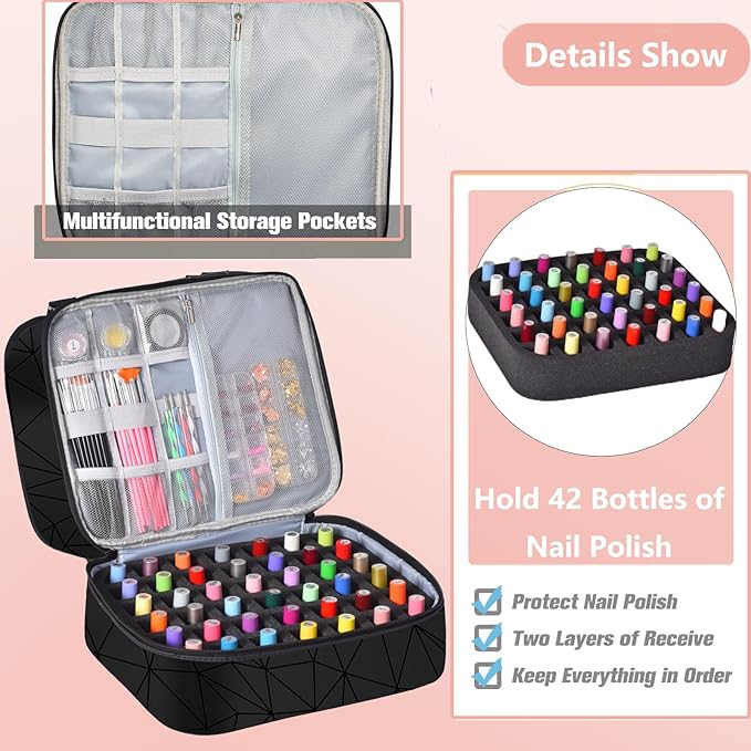 Nail Polish Organizer Case - Holds 42+ Bottles (15ml/0.5 fl.oz) and 1 Nail Lamp, Upgraded Double-layer Nail Polish Carrying Case Nail Storage Bag with Handles (Black)