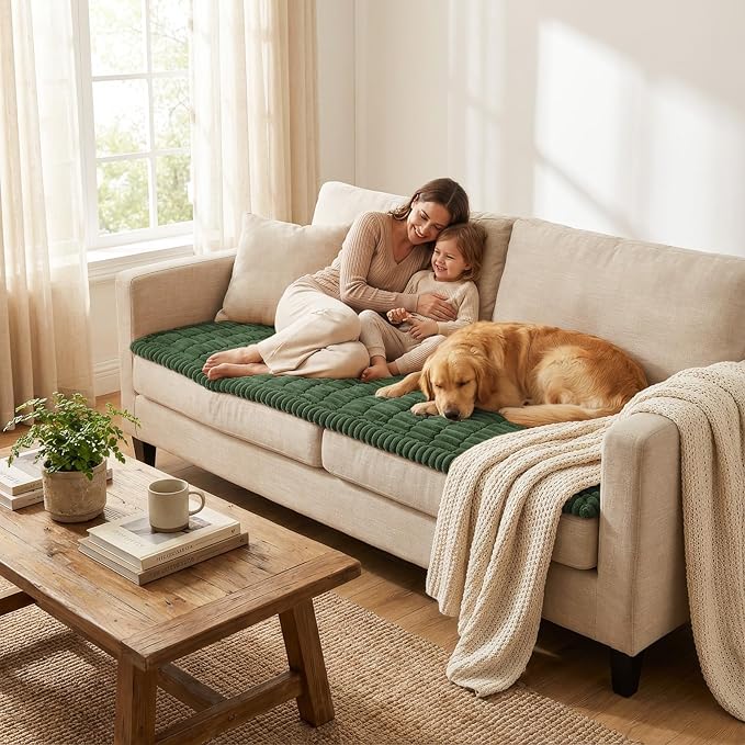 Smiry Couch Cover for Dogs Washable, Non Slip Fuzzy Pet Couch Covers for 3 Cushion Sofa Pet Friendly, Thick Soft Sofa Slipcovers Cushion Protector (Dark Green, 27.6" x 88")