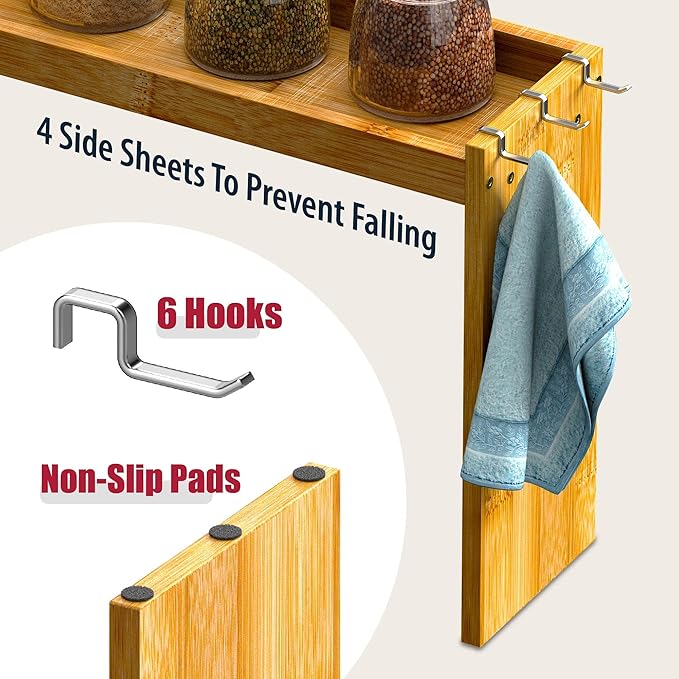 IIIOIIIA Bamboo Over the Stove Spice Shelf for Kitchen, 31.5" Spice Rack Organizer Shelf with 6 hooks, 11.4" Height Extra Storage Countertop, Easy to Assemble