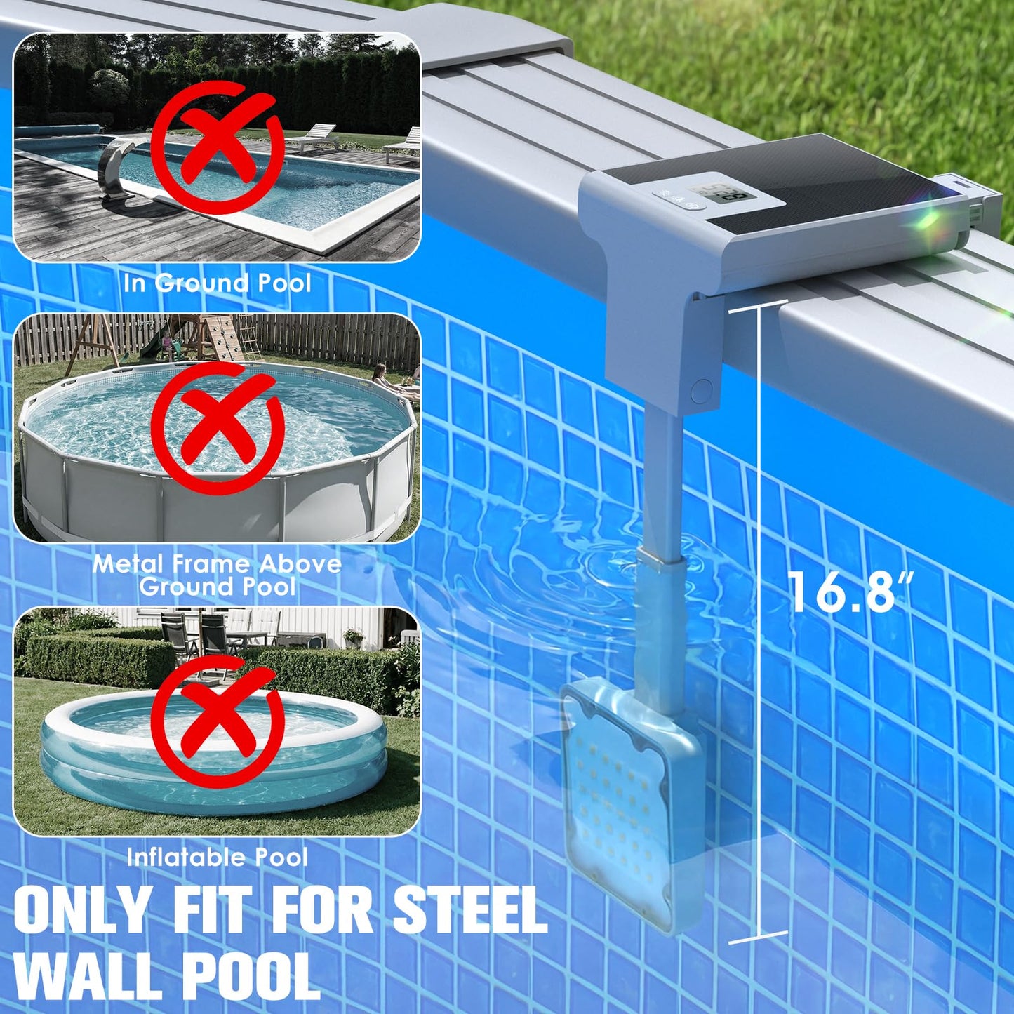 LightHacker Solar Pool Light for Steel Wall Above Ground Pool Light,Submersible Pool Light with LCD Pool Thermometer,Underwater light for Pool Accessories,10 Light Modes Swimming Pool LED Lighting,1PC