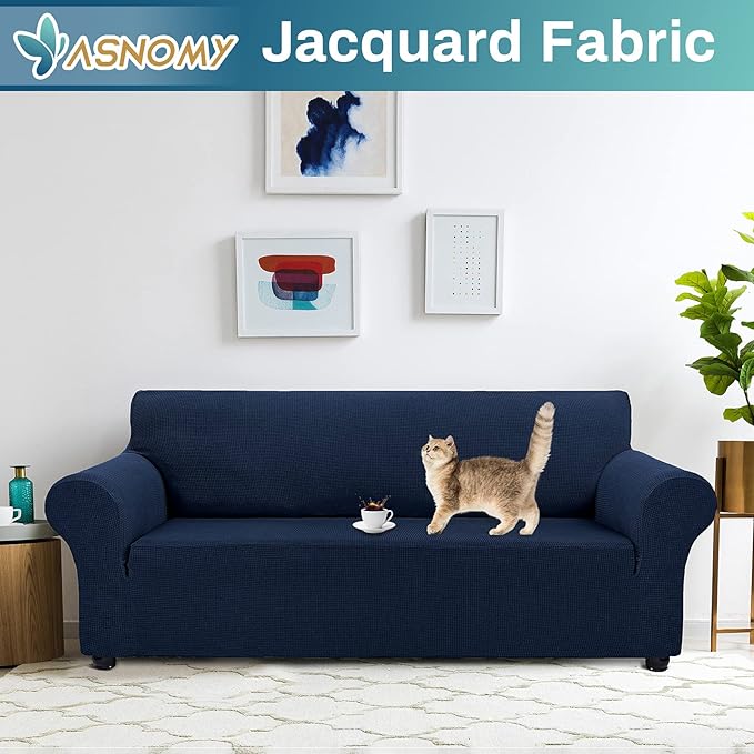Asnomy Couch Covers for 3 Cushion Couch Stretch Sofa Covers Slipcovers, Pet Protector Furniture Covers for Dogs Cats Spandex Jacquard Fabric Small Checks （X-Large， Navy Blue）