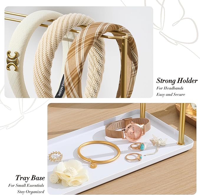 Headband Holder Organizer Metal 2-Tier with Tray: Hair Accessories Display Stand Storage Hairband Rack Necklace Stand Home Bedroom for Girls Women, Gold