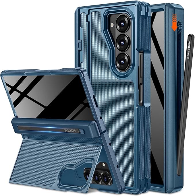 NINKI for Samsung Galaxy Z Fold 6 Case with S Pen Holder & Invisible Kickstand,Built in Privacy Screen Protector and Hinge,Shockproof Phone Cover for Samsung Z Fold 6 Case with Slim S Pen Slot – Blue