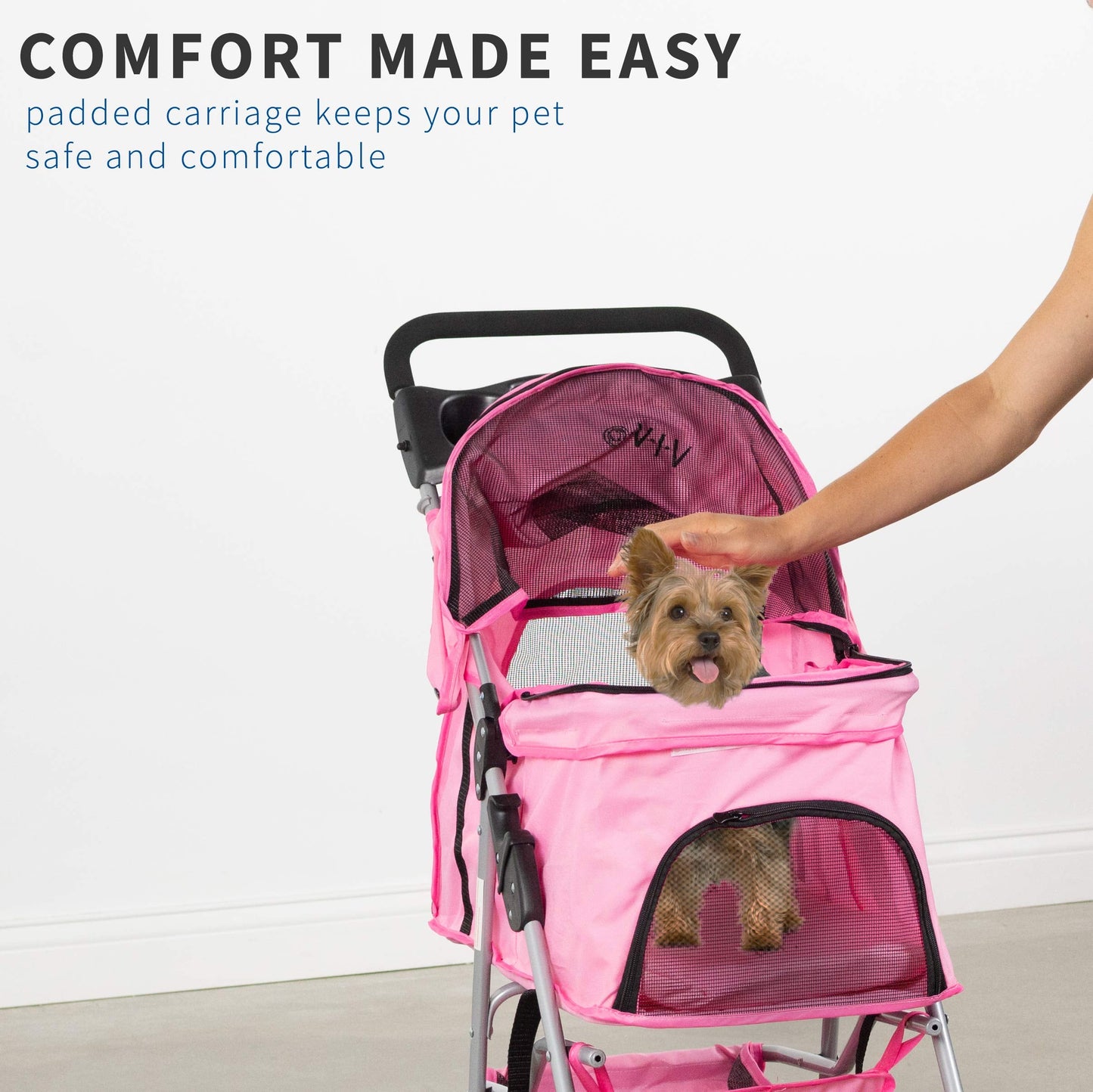 VIVO Pink 4 Wheel Pet Stroller for Cat, Dog and More, Foldable Carrier Strolling Cart, STROLR-V001N