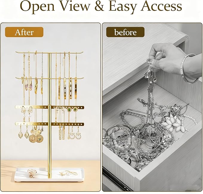 pickpiff Jewelry Stand Holder Organizer: 14.5" Sturdy Hanger for 80 Pcs Jewelry, Jewlery Tower for Display Necklace, Earring, Bracelet, Watch, Mirrored Gold